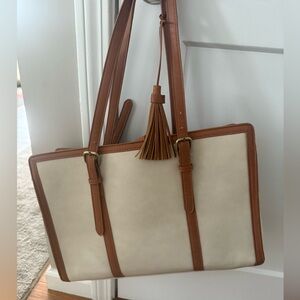 Ecosusi Cream & Tan Faux Leather Laptop Tote Bag w/ Tassel